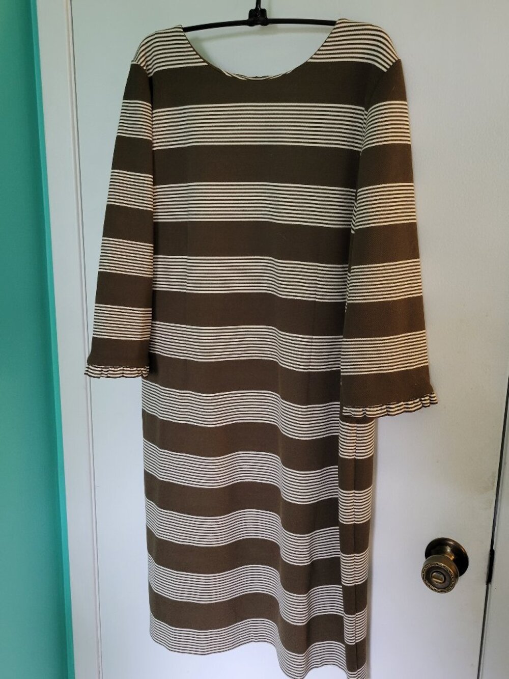 Talbots Size 16 Olive Green Ivory Striped Sheath Dress